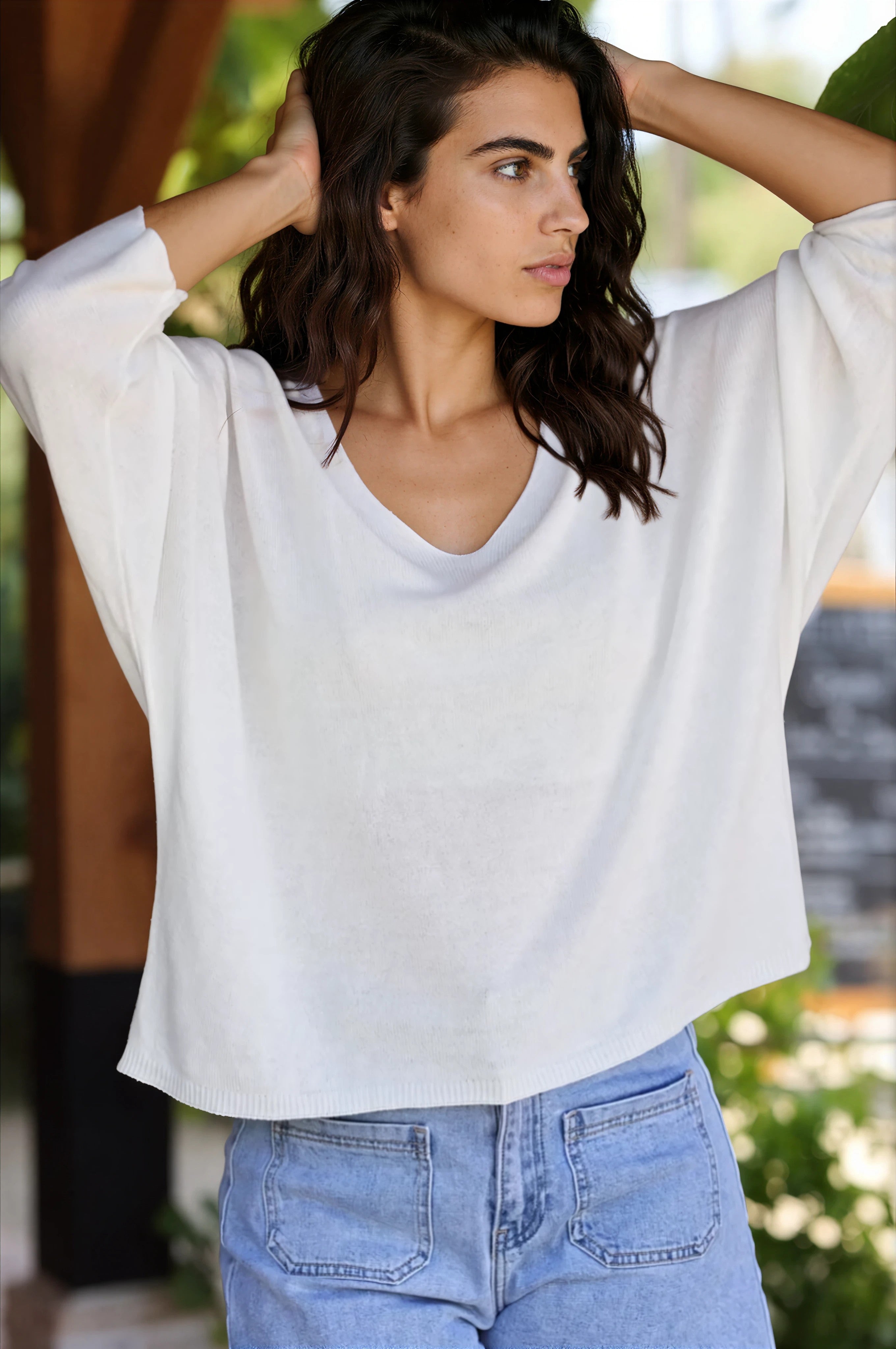 Top blanc cassé jersey manches chauve souris