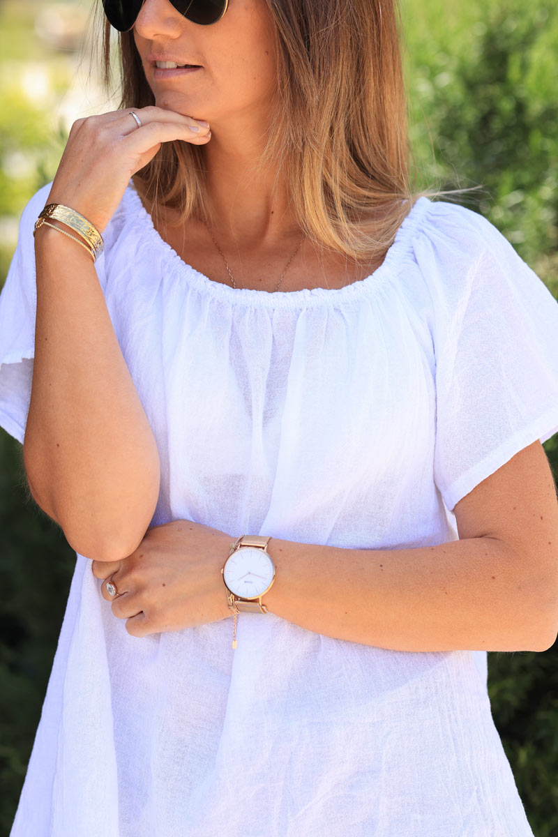 Top blanc en coton col élastique rond ou bardot