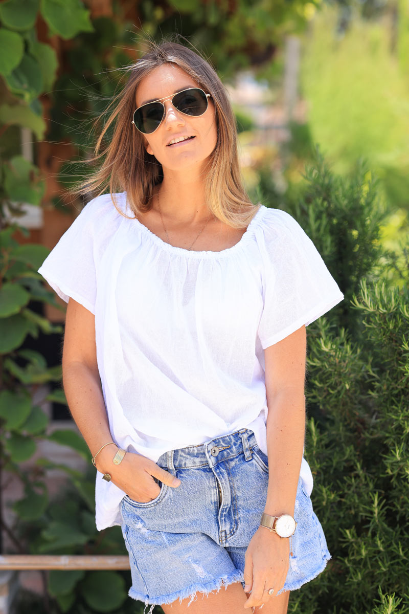 Top blanc en coton col élastique rond ou bardot