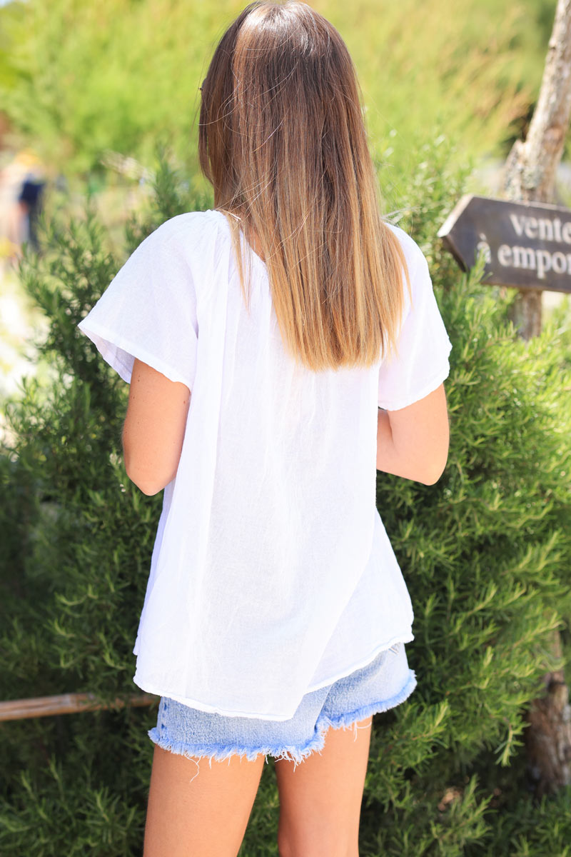 Top blanc en coton col élastique rond ou bardot