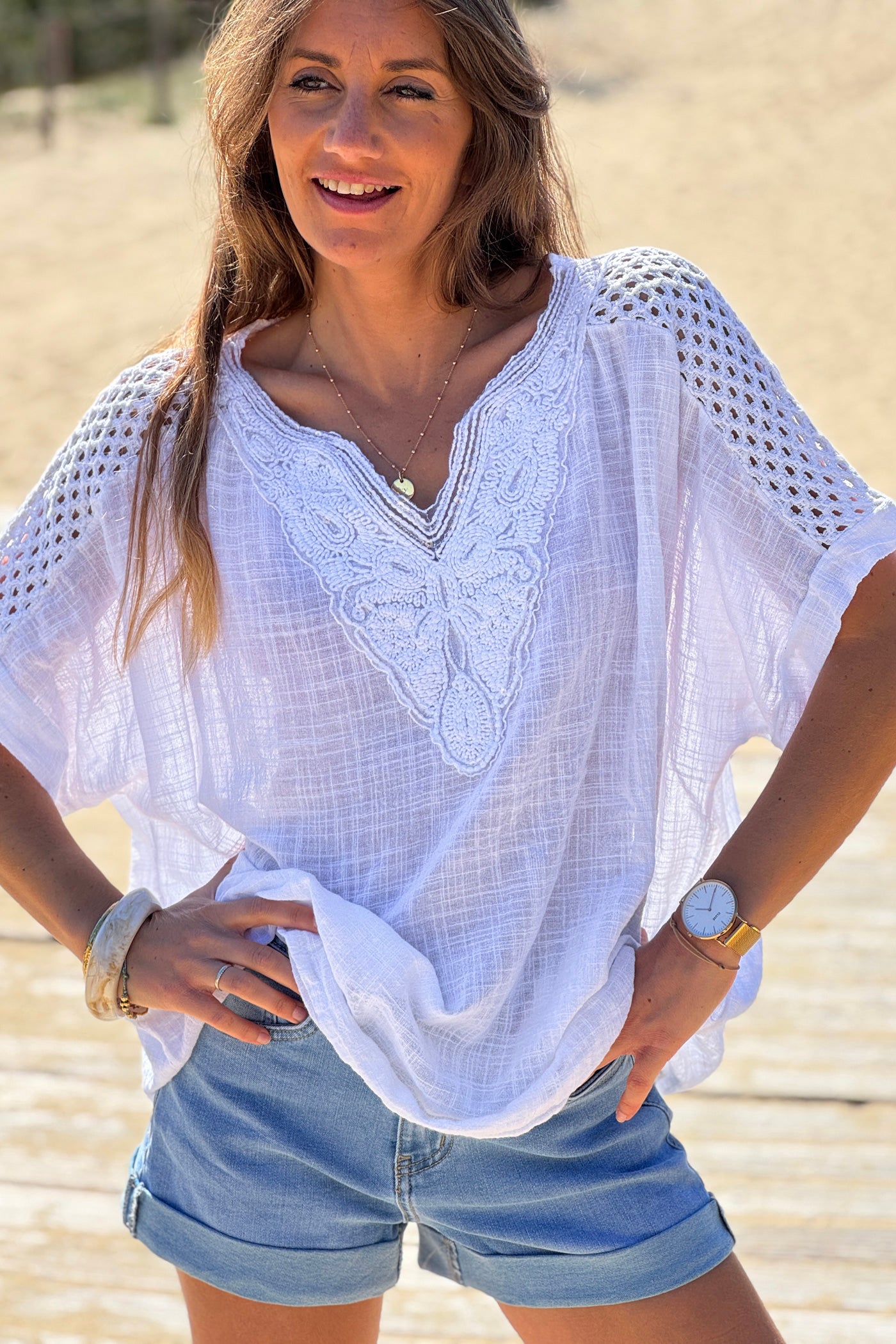 White Crochet Sleeve Linen Tunic