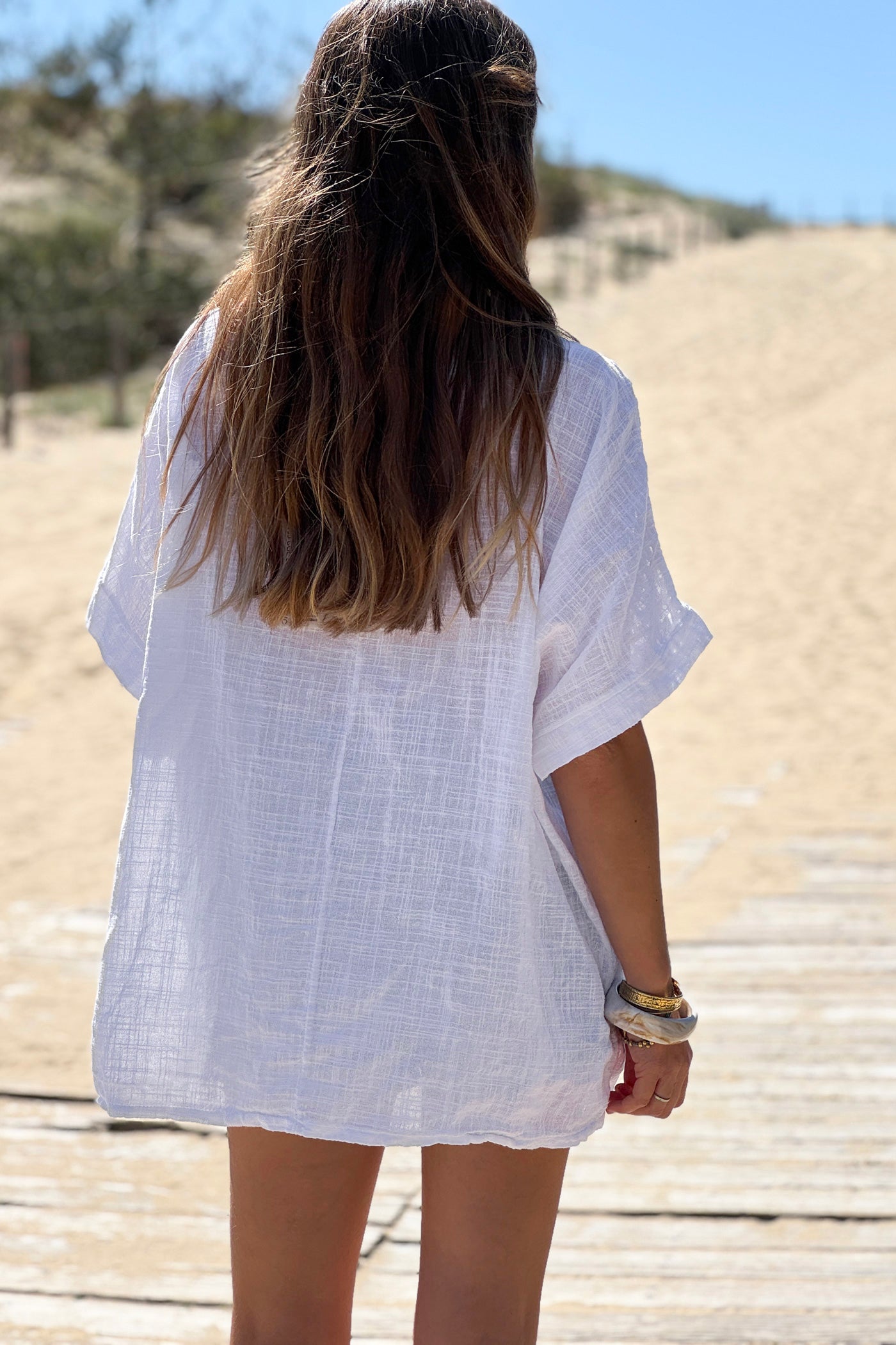 White Crochet Sleeve Linen Tunic