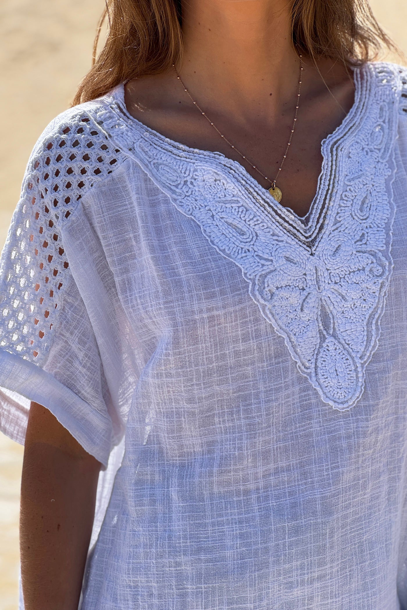 White Crochet Sleeve Linen Tunic