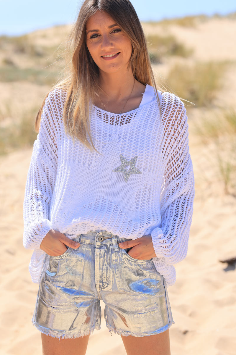 White open crochet top with large star and rhinestone star detail