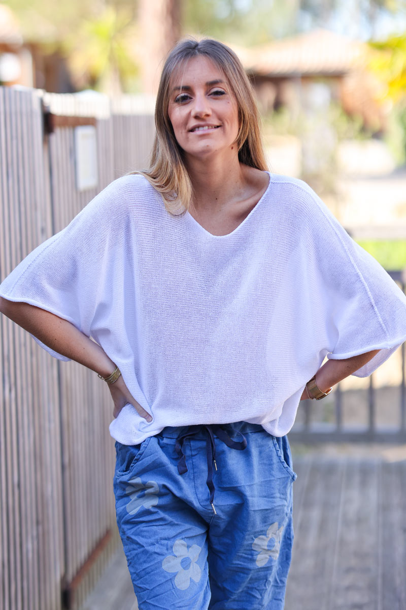White cotton knit top with batwing sleeves