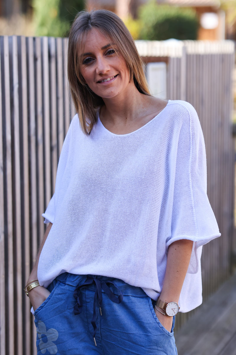 White cotton knit top with batwing sleeves