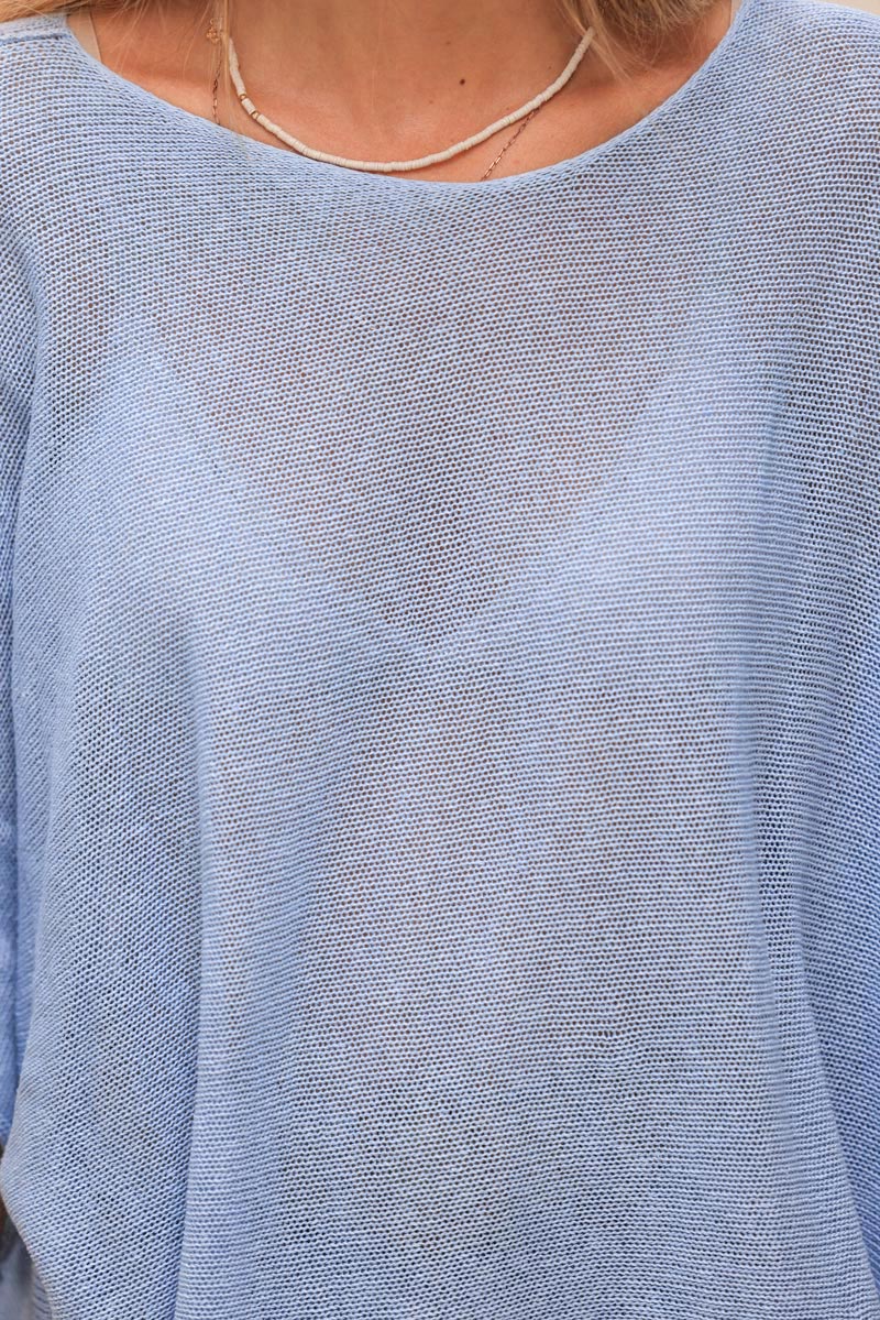 Sky blue cotton knit top with batwing sleeves