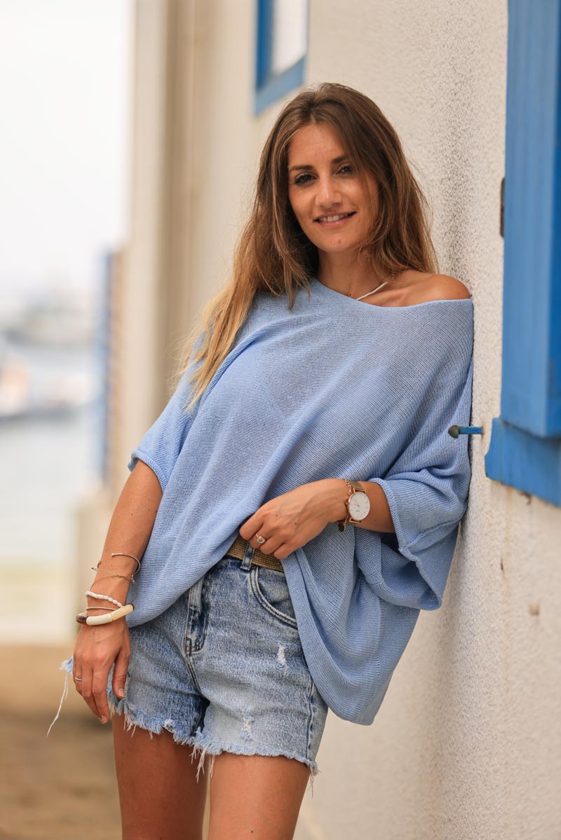 Sky blue cotton knit top with batwing sleeves