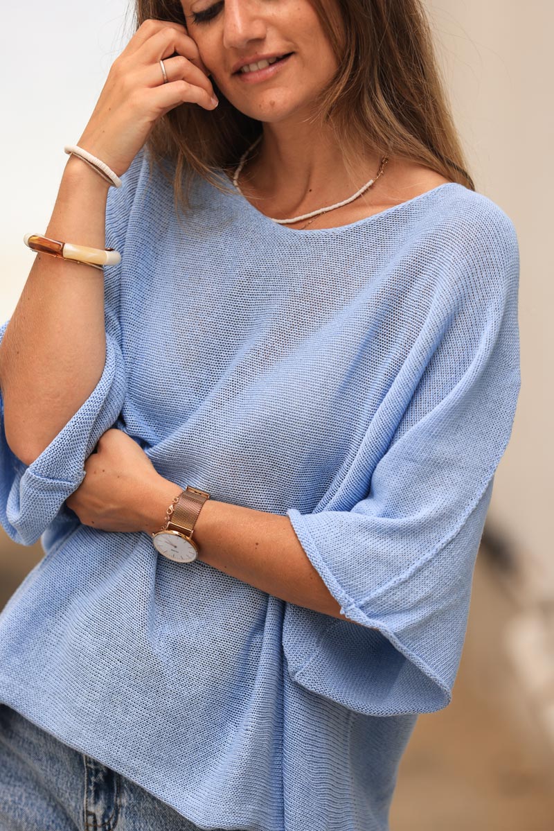 Sky blue cotton knit top with batwing sleeves