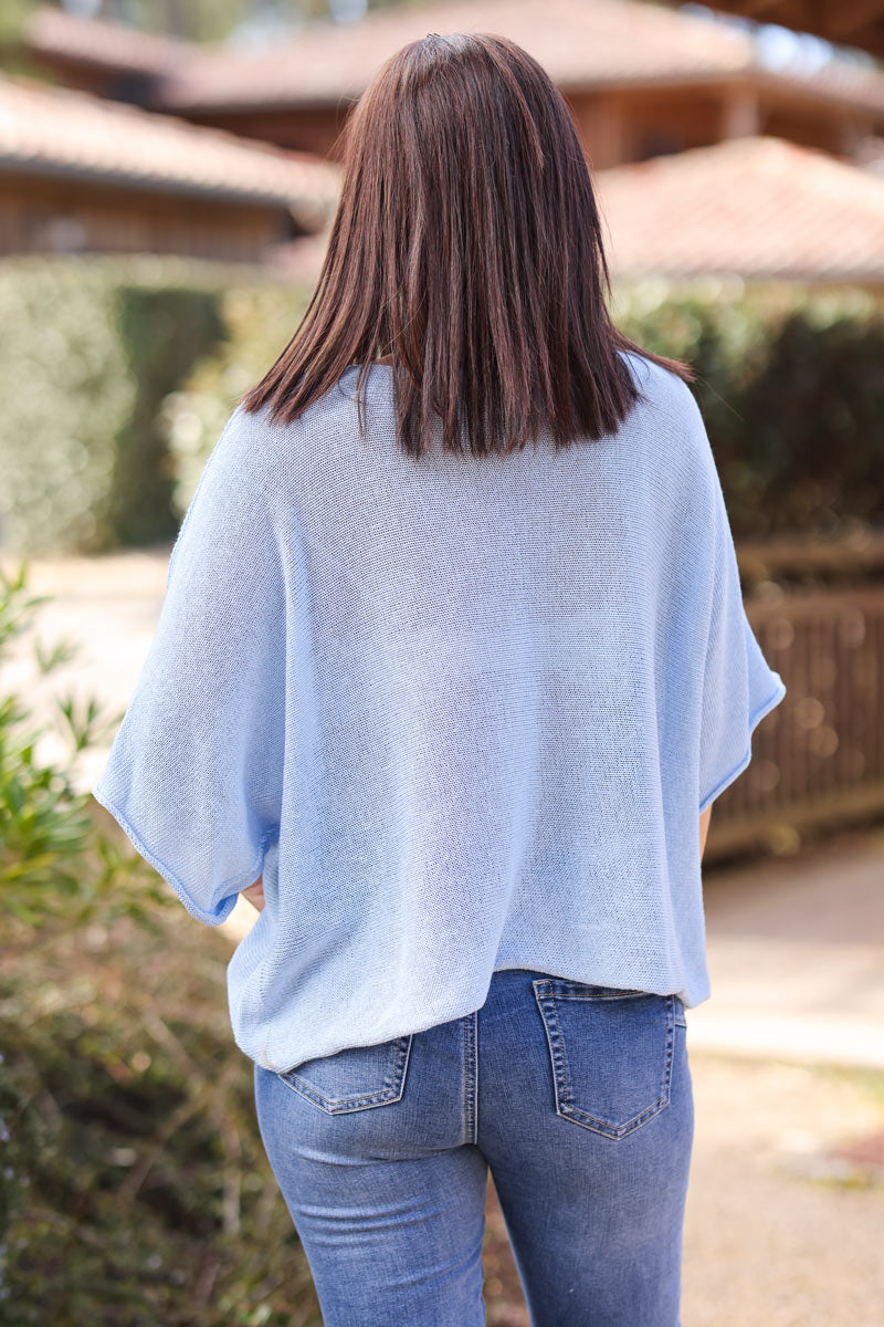 Sky blue cotton knit top with batwing sleeves