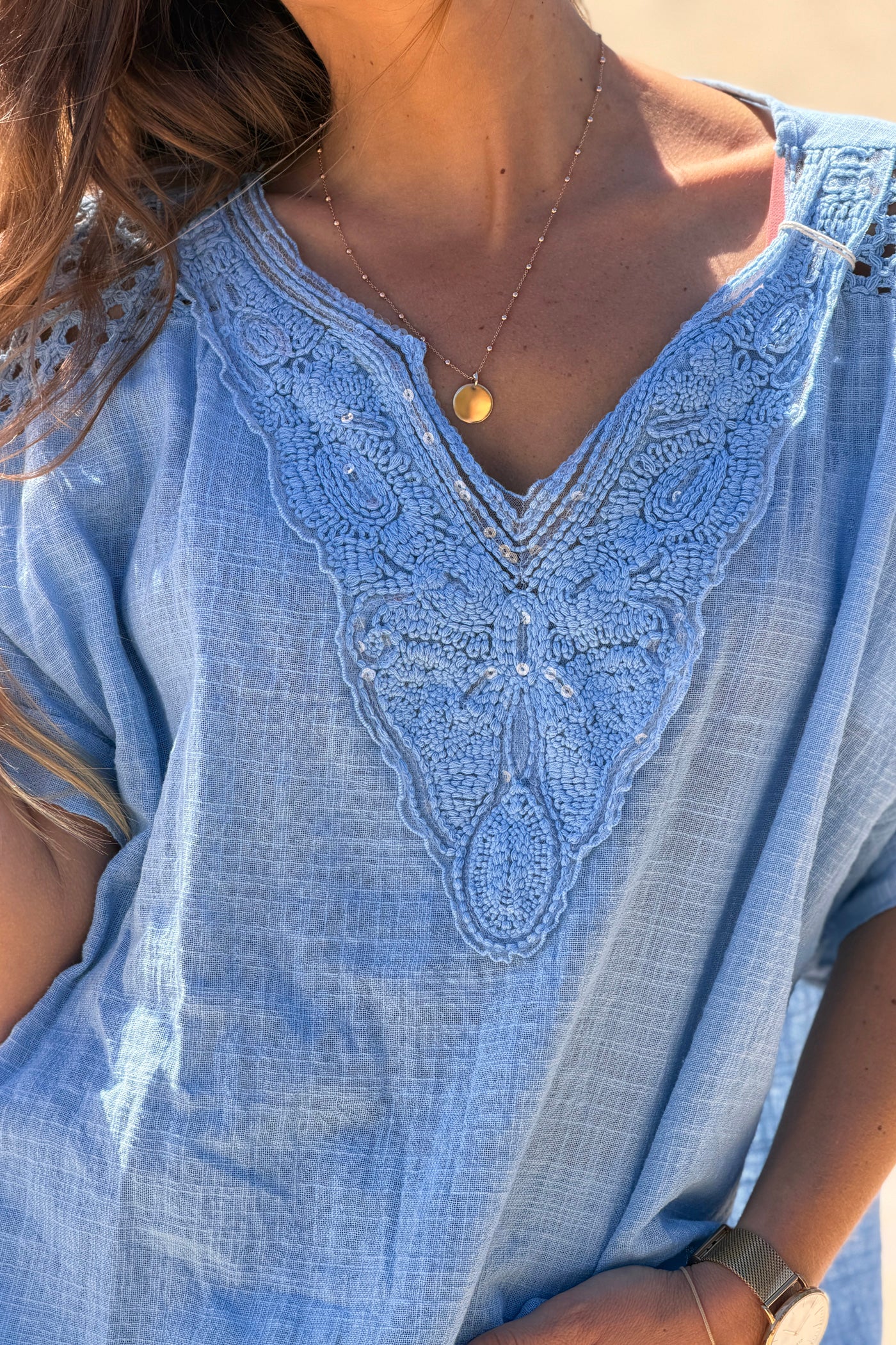 Dusty Blue Crochet Sleeve Linen Tunic
