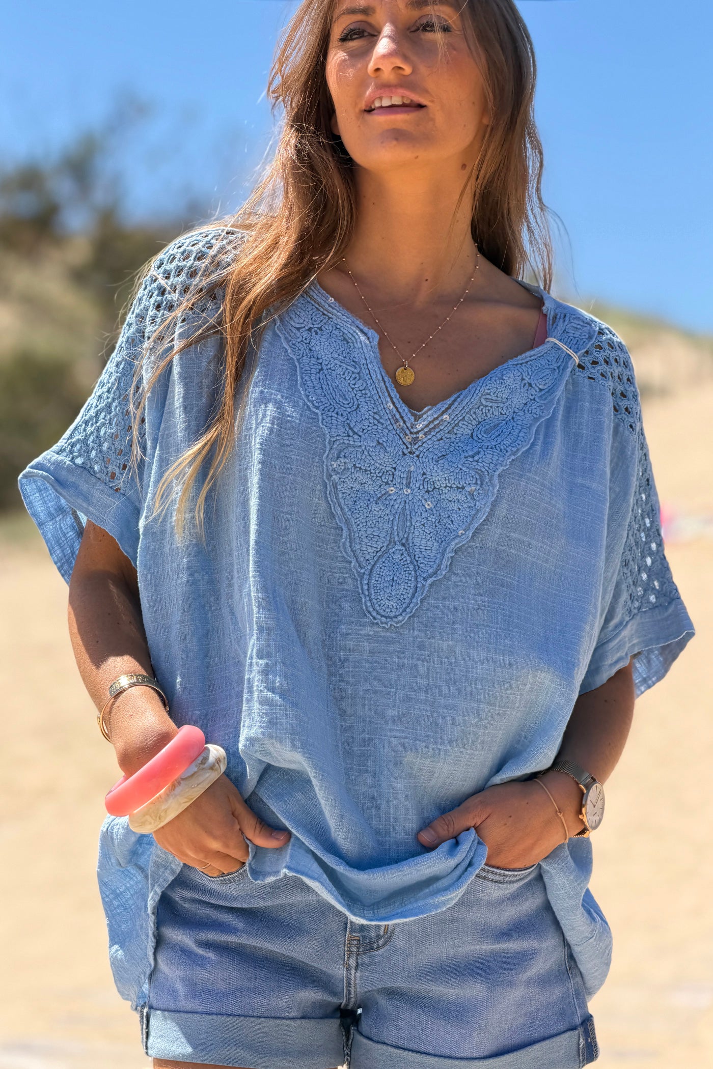 Dusty Blue Crochet Sleeve Linen Tunic