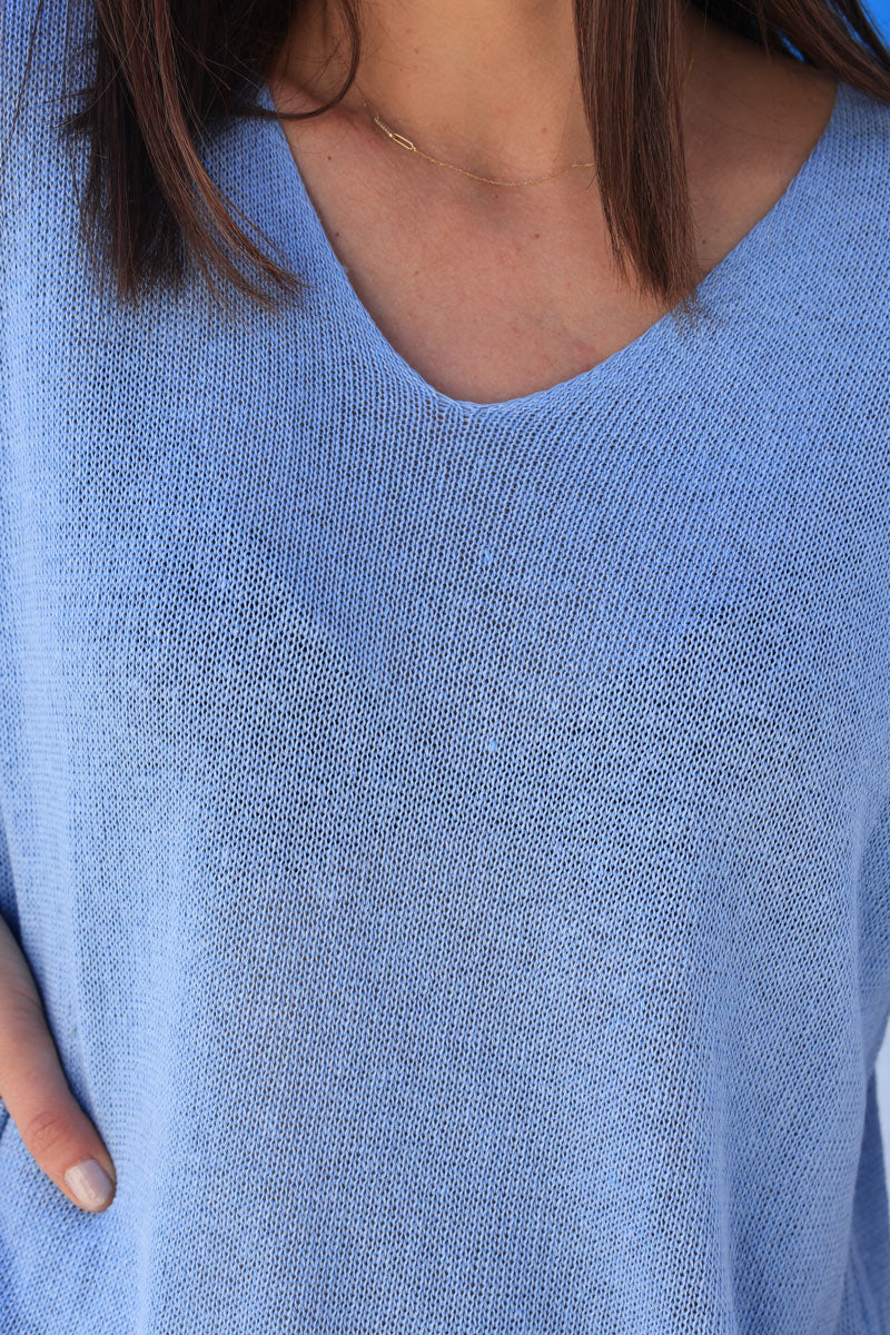 Blue cotton knit short sleeve top v-neck