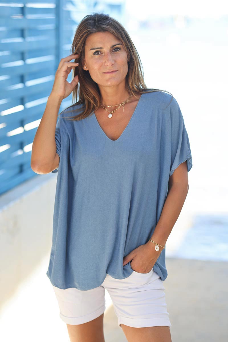 Top bleu jean fluide confort et stretch col v