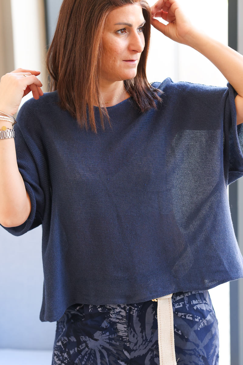 Navy blue cotton knit top with batwing sleeves