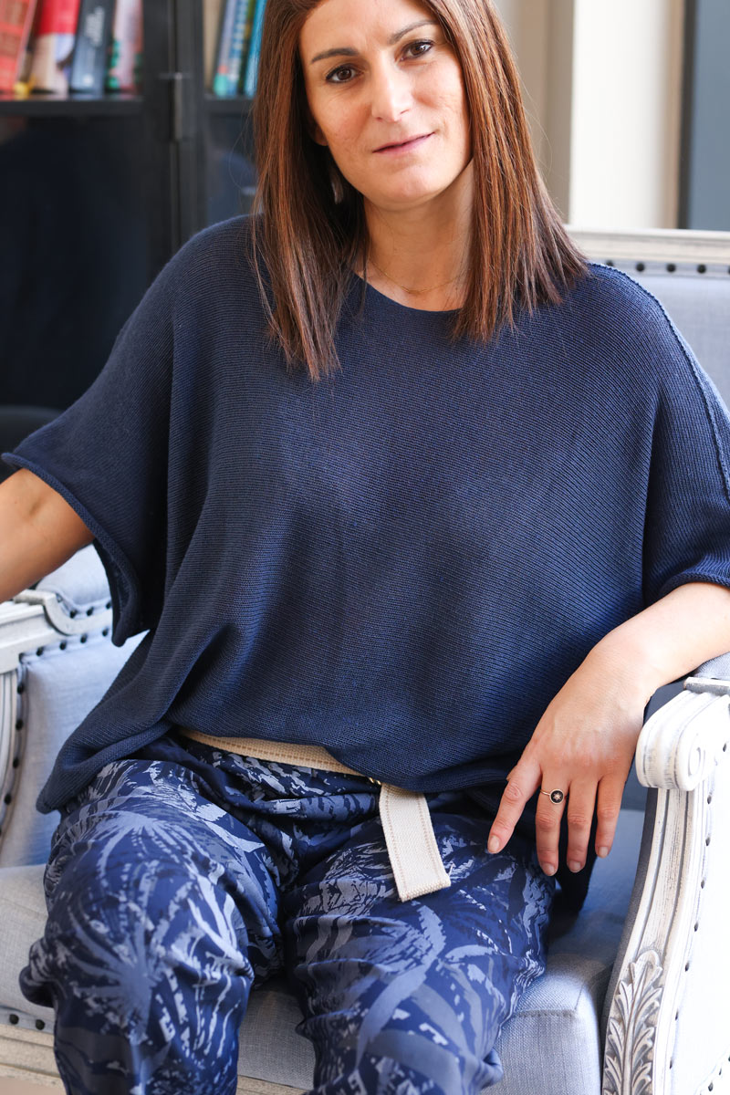 Navy blue cotton knit top with batwing sleeves