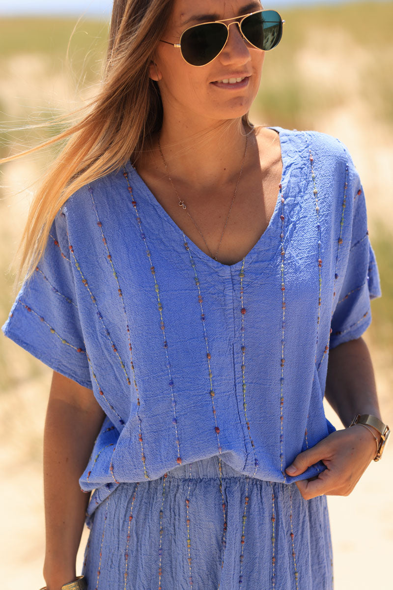 Blue floaty cotton and linen top with colored threads