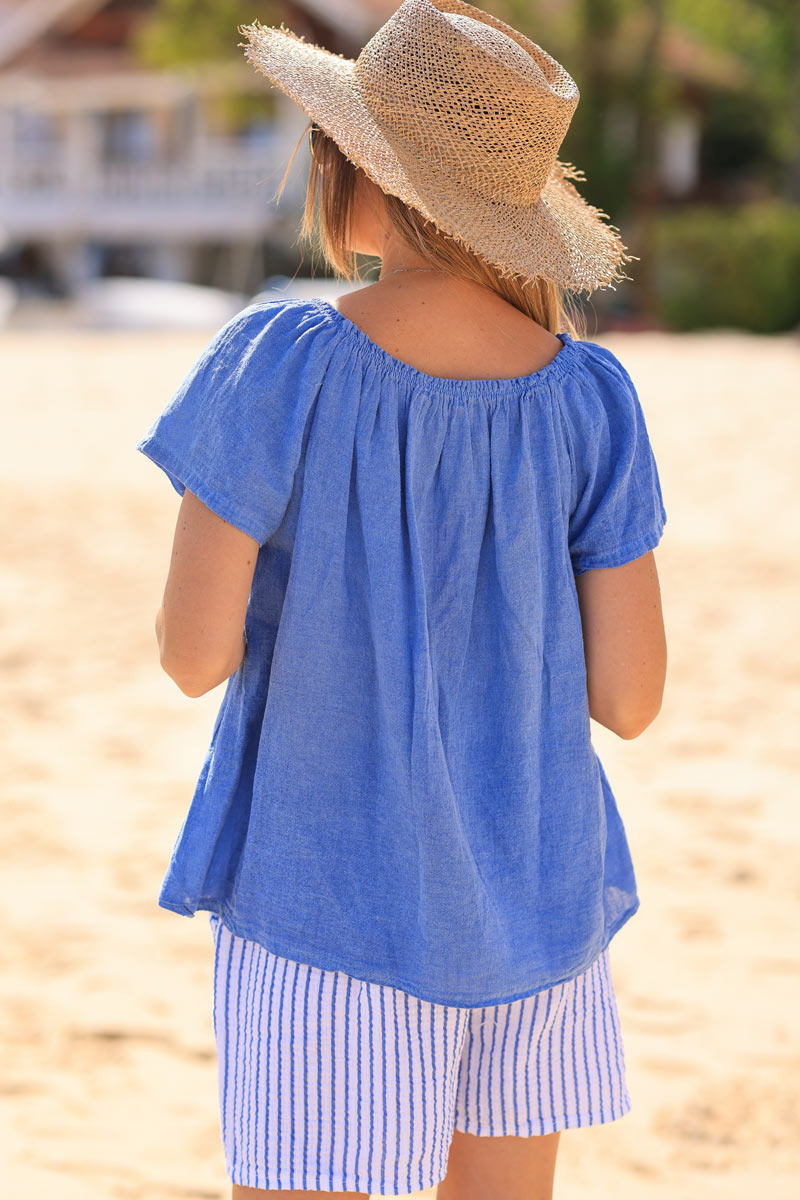 Top bleu roi délavé en coton col élastique rond ou bardot