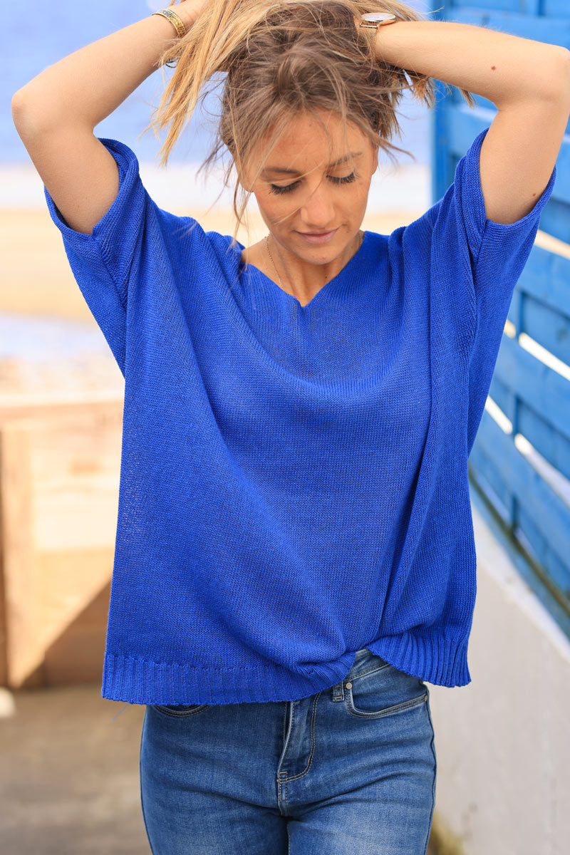 Royal blue cotton knit short sleeve top v-neck