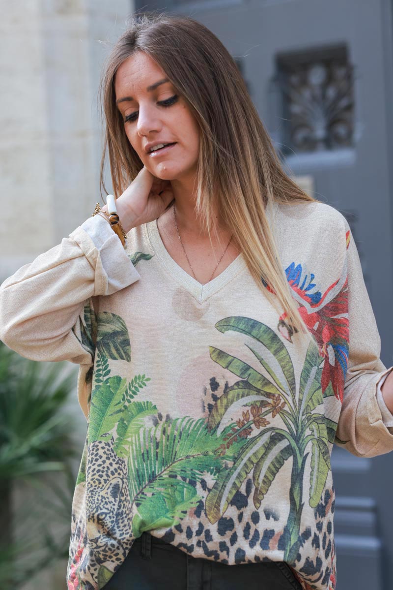 Shiny beige v-neck top with jungle leopard, palm and parrot print