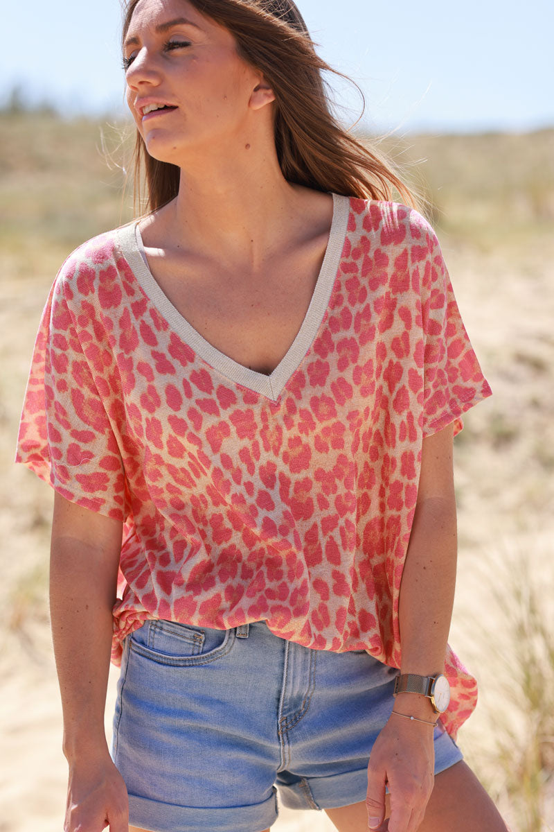 Coral Leopard Print Knit Tunic