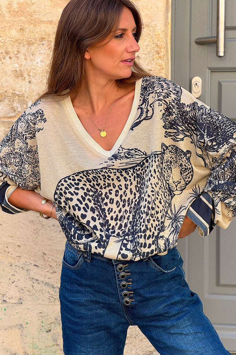 Cream sweater with Navy blue Leopard Pastoral Print Long-Sleeve Knit Top