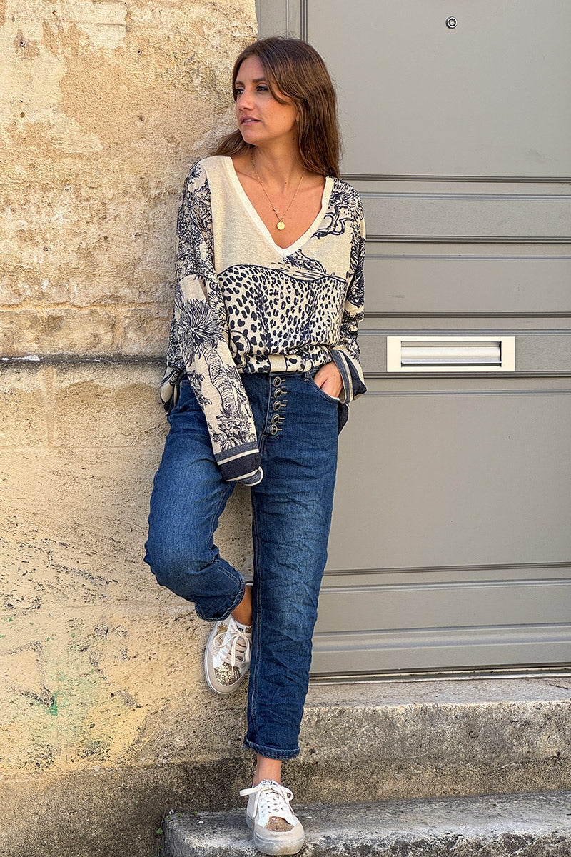 Cream sweater with Navy blue Leopard Pastoral Print Long-Sleeve Knit Top