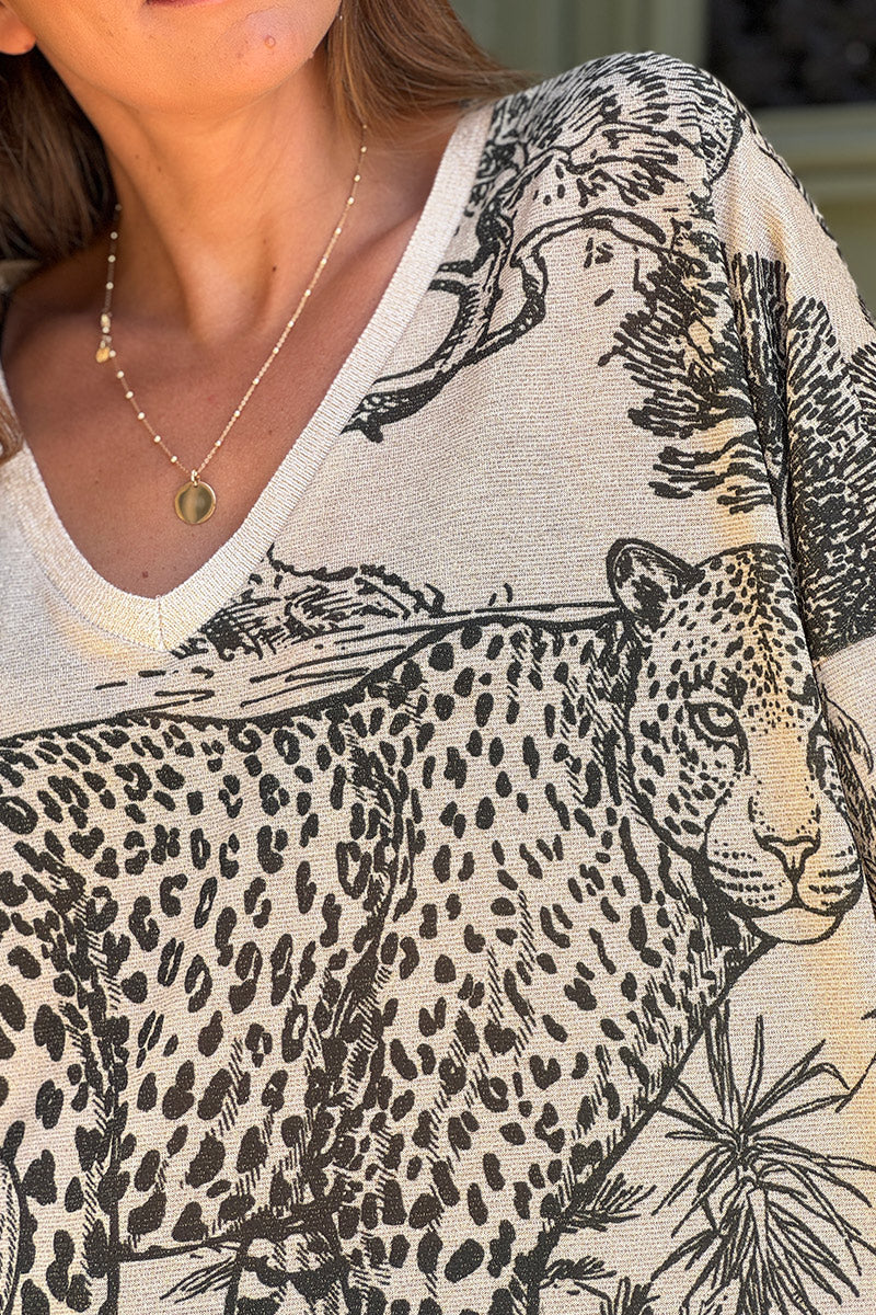 Cream sweater with Olive Leopard Pastoral Print Long-Sleeve Knit Top