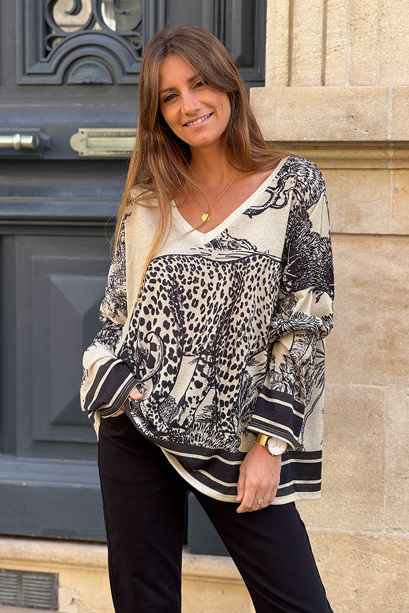 Top brillant beige imprimé léopard toile de jouy jungle noir
