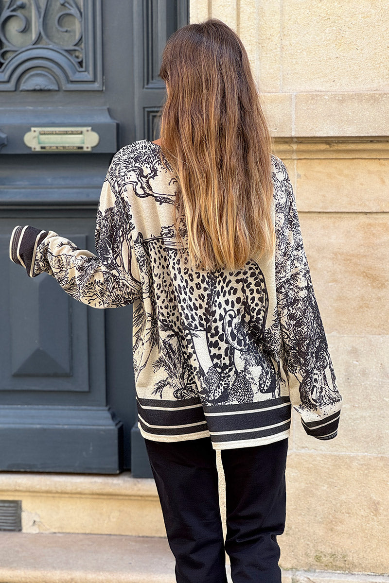 Top brillant beige imprimé léopard toile de jouy jungle noir