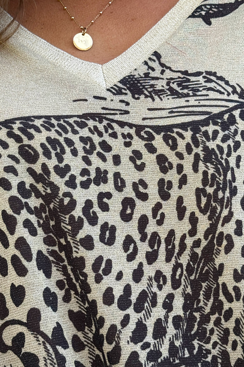 Top brillant beige imprimé léopard toile de jouy jungle noir