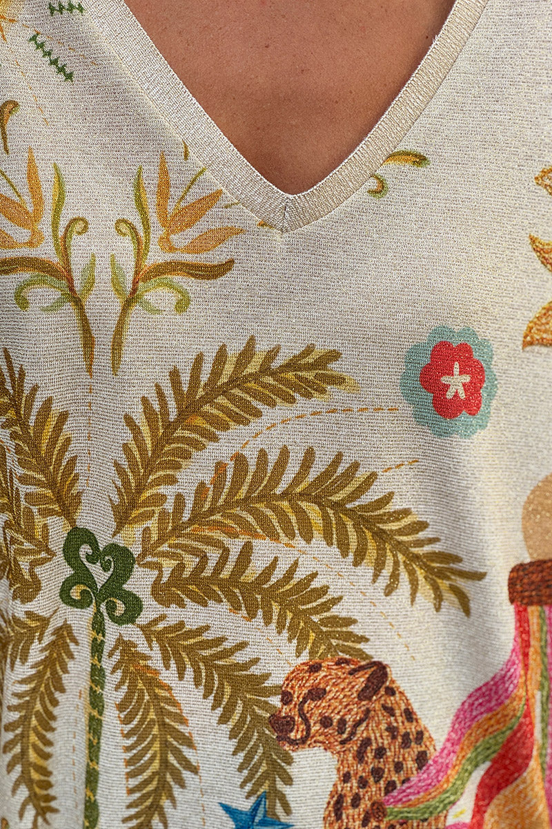 Top brillant beige imprimé tropical léopard palmier coloré