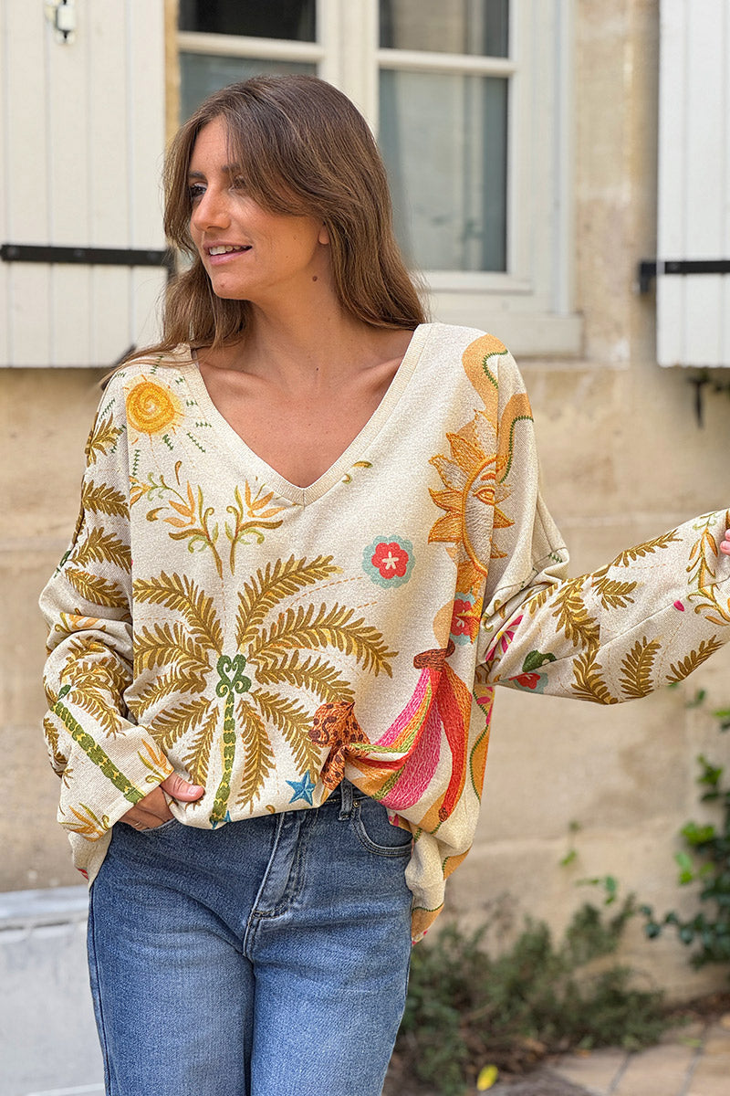 Top brillant beige imprimé tropical léopard palmier coloré