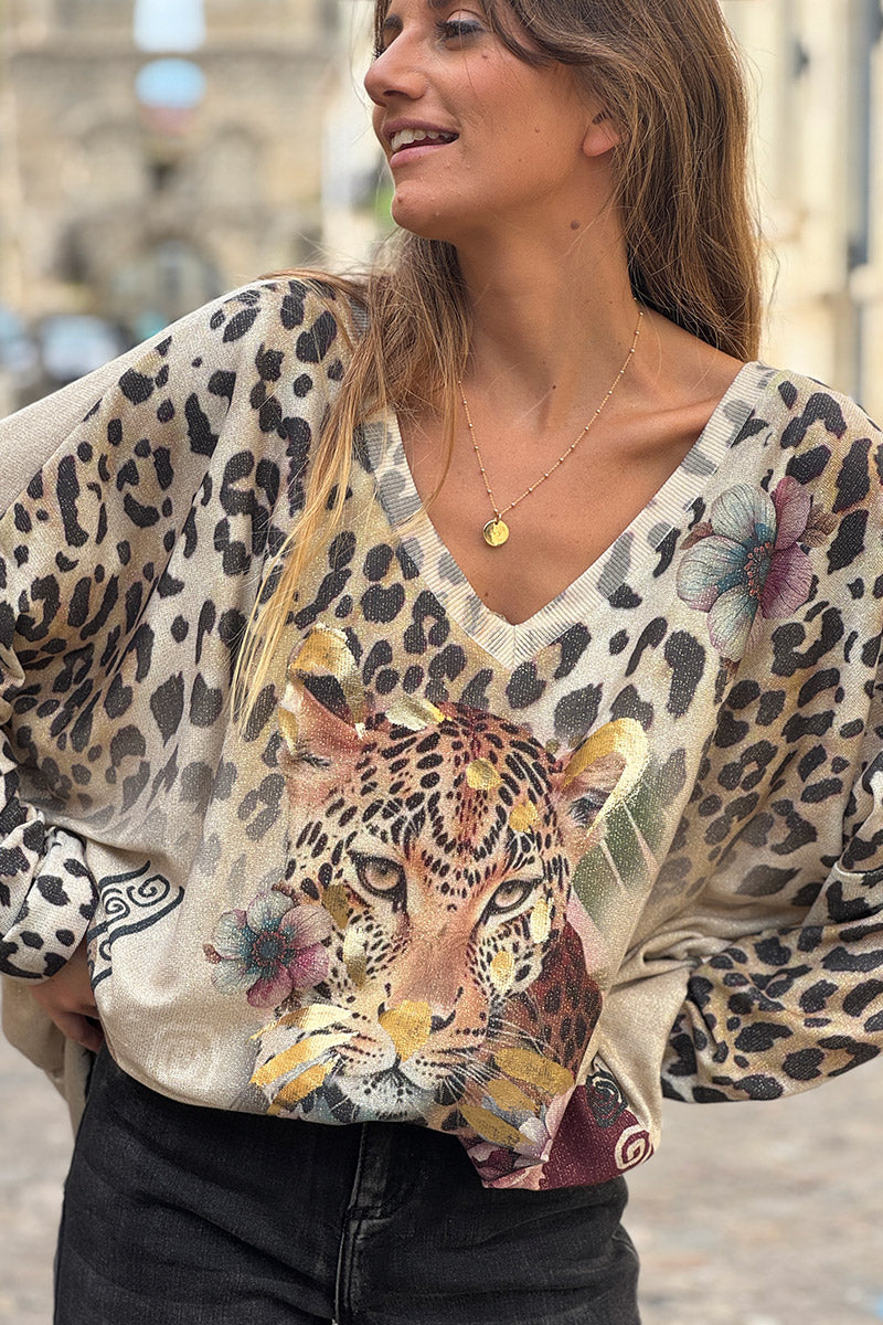 Beige Glitter Knit Leopard Gaze Top