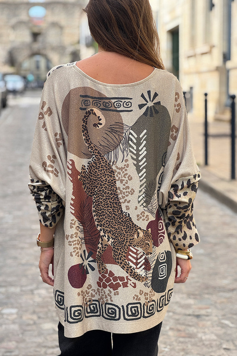 Beige Glitter Knit Leopard Gaze Top