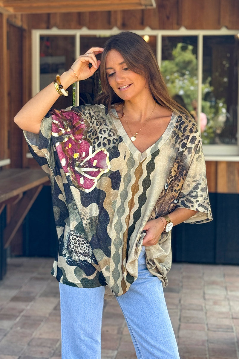 Beige Modern Art Leopard Glitter Knit Top