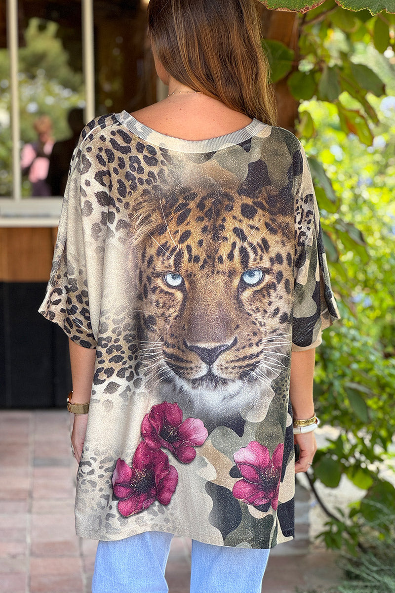 Beige Modern Art Leopard Glitter Knit Top
