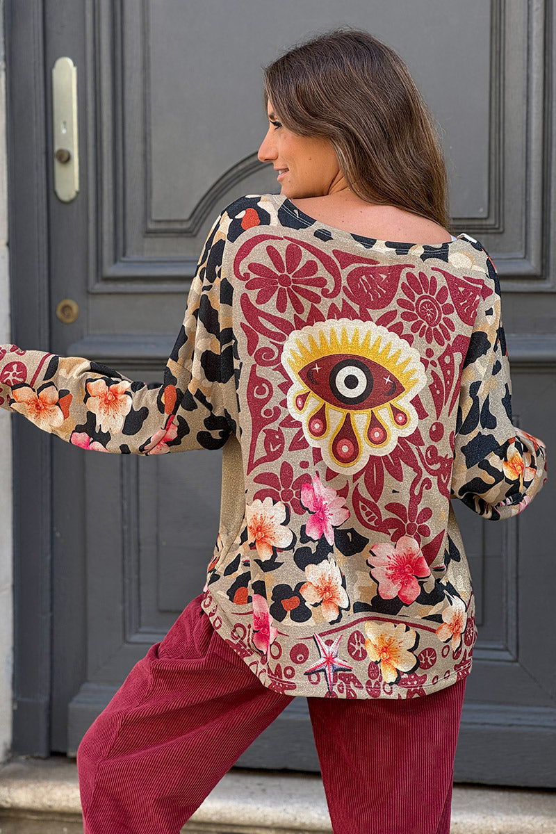 Top brillant camel imprimé léopard palmier œil et fleurs rose