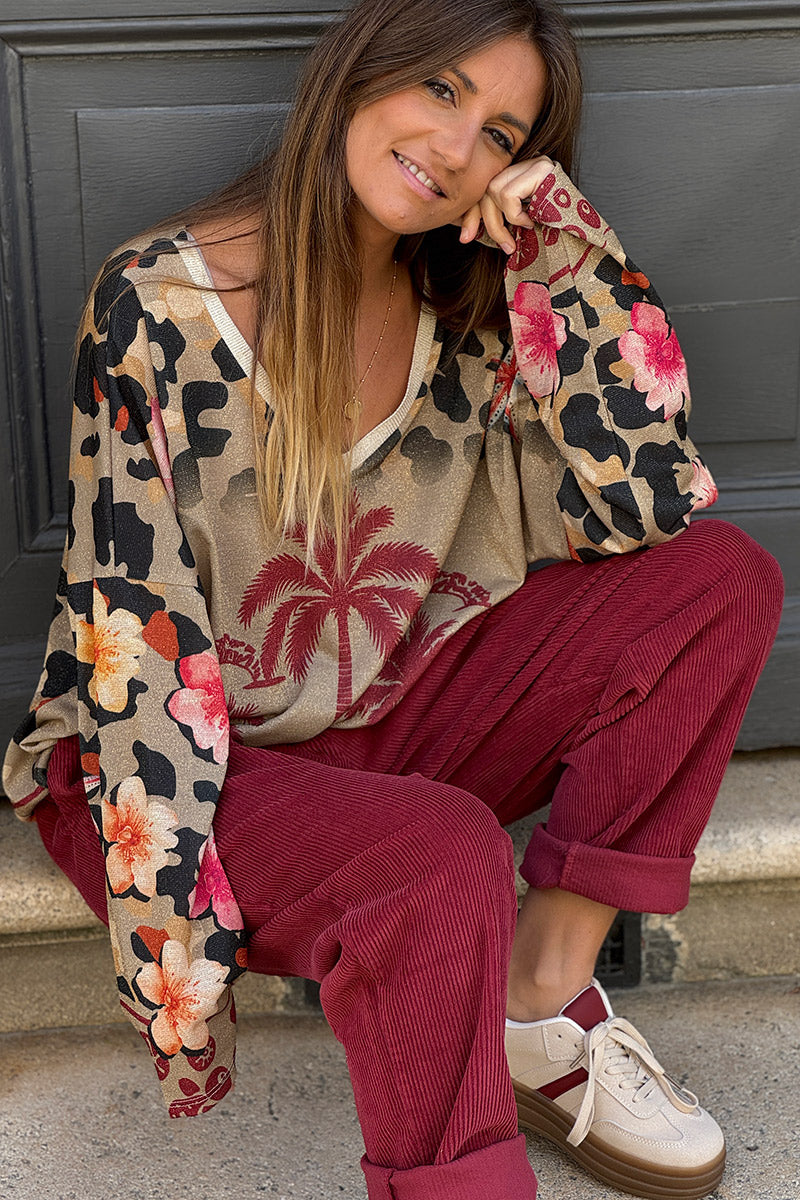 Top brillant camel imprimé léopard palmier œil et fleurs rose