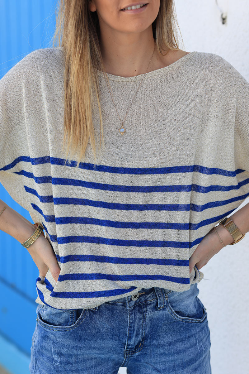 Gold glitter short sleeve boat neck top with royal blue stripes