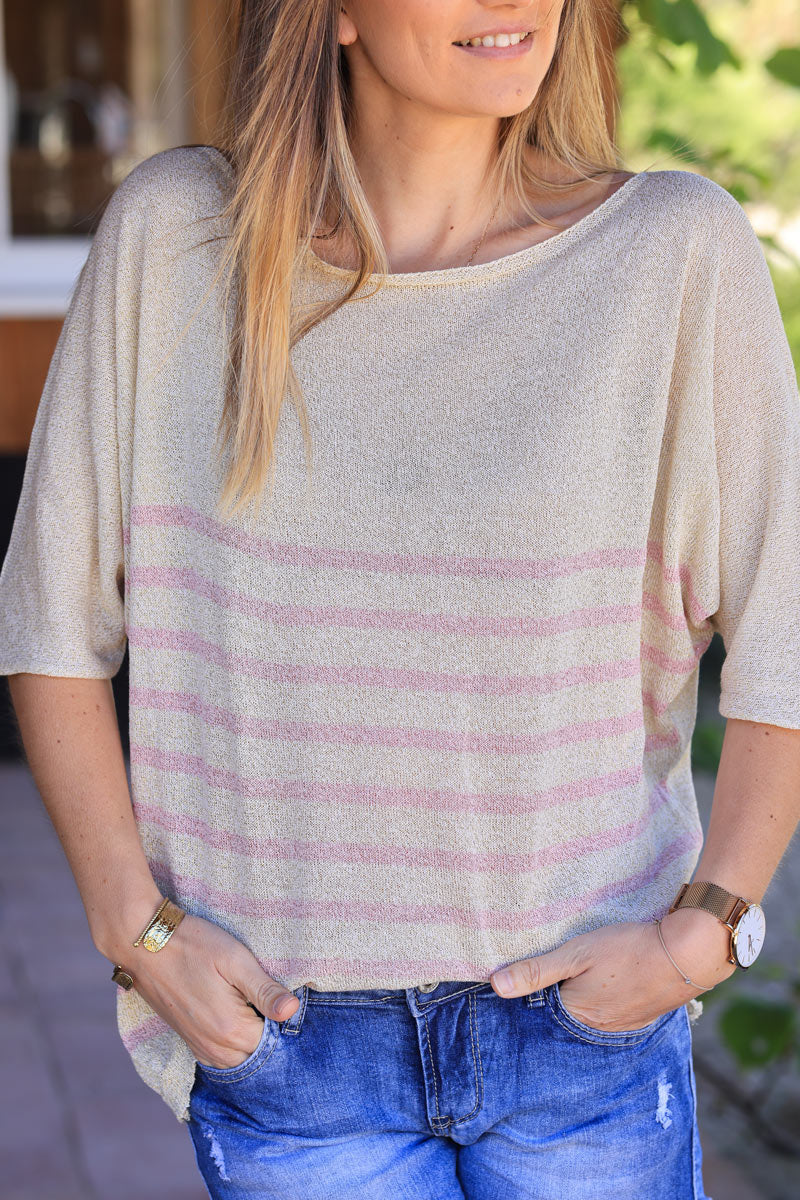 Gold glitter short sleeve boat neck top with pink stripes