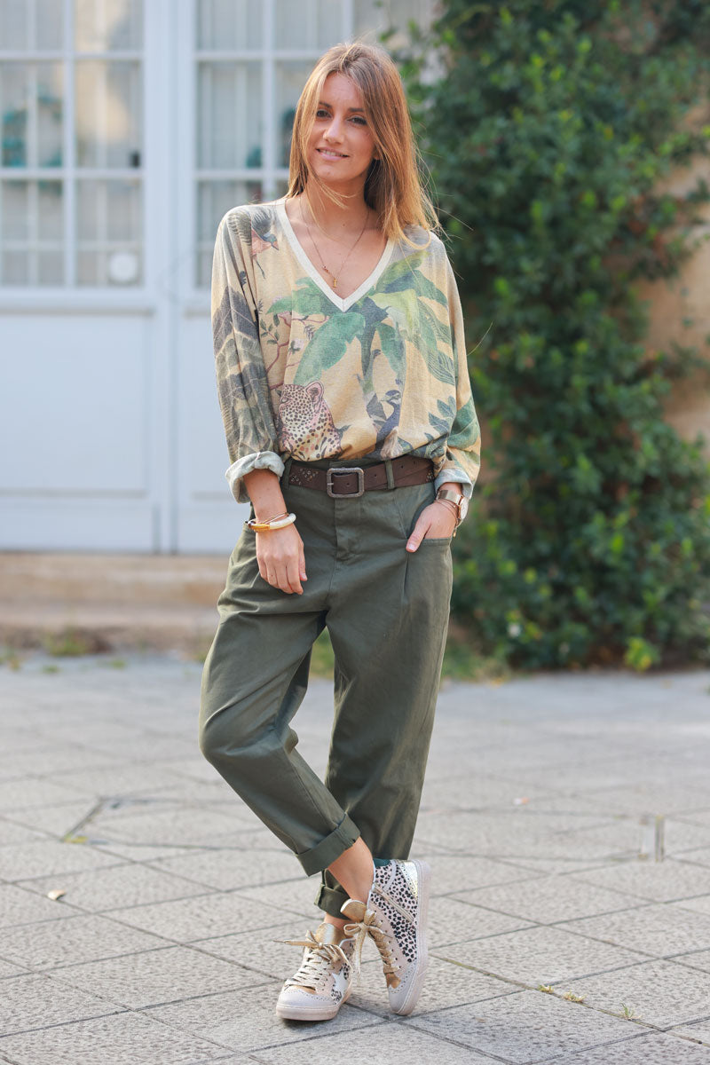 Shiny v-neck top with leopard, peacock, and palm print