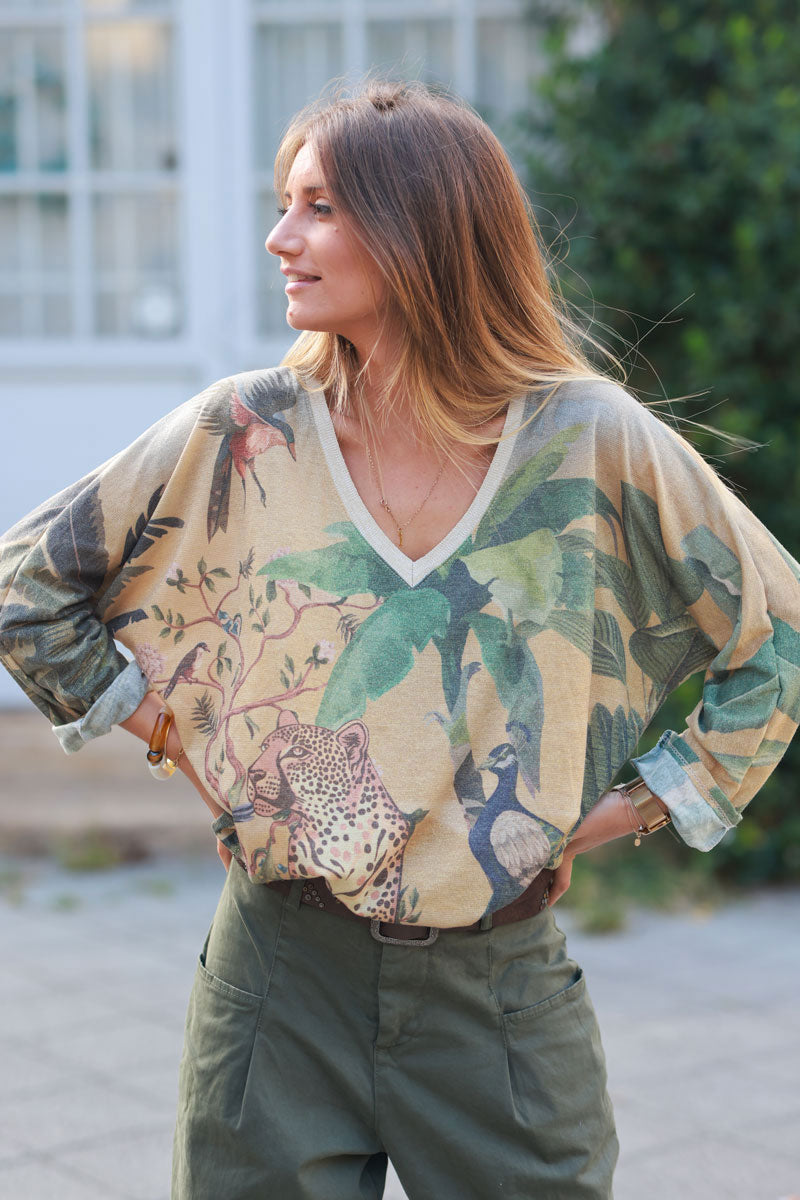 Shiny v-neck top with leopard, peacock, and palm print