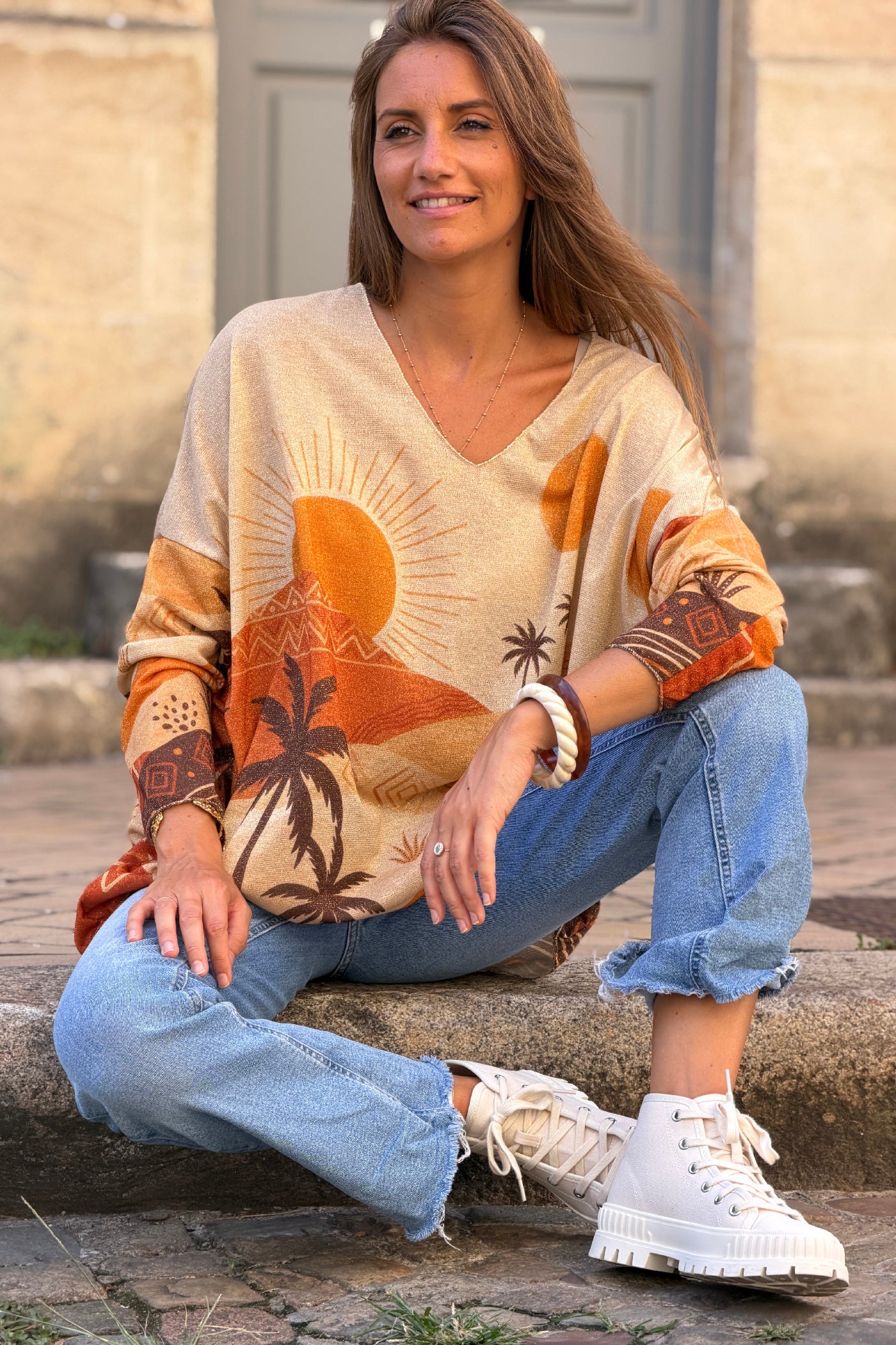 Top brillant imprimé Sunset terracotta soleil dunes et palmiers