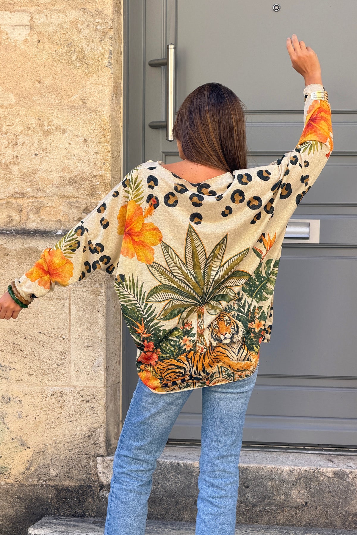 Olive Tiger Palm V-Neck Sweater
