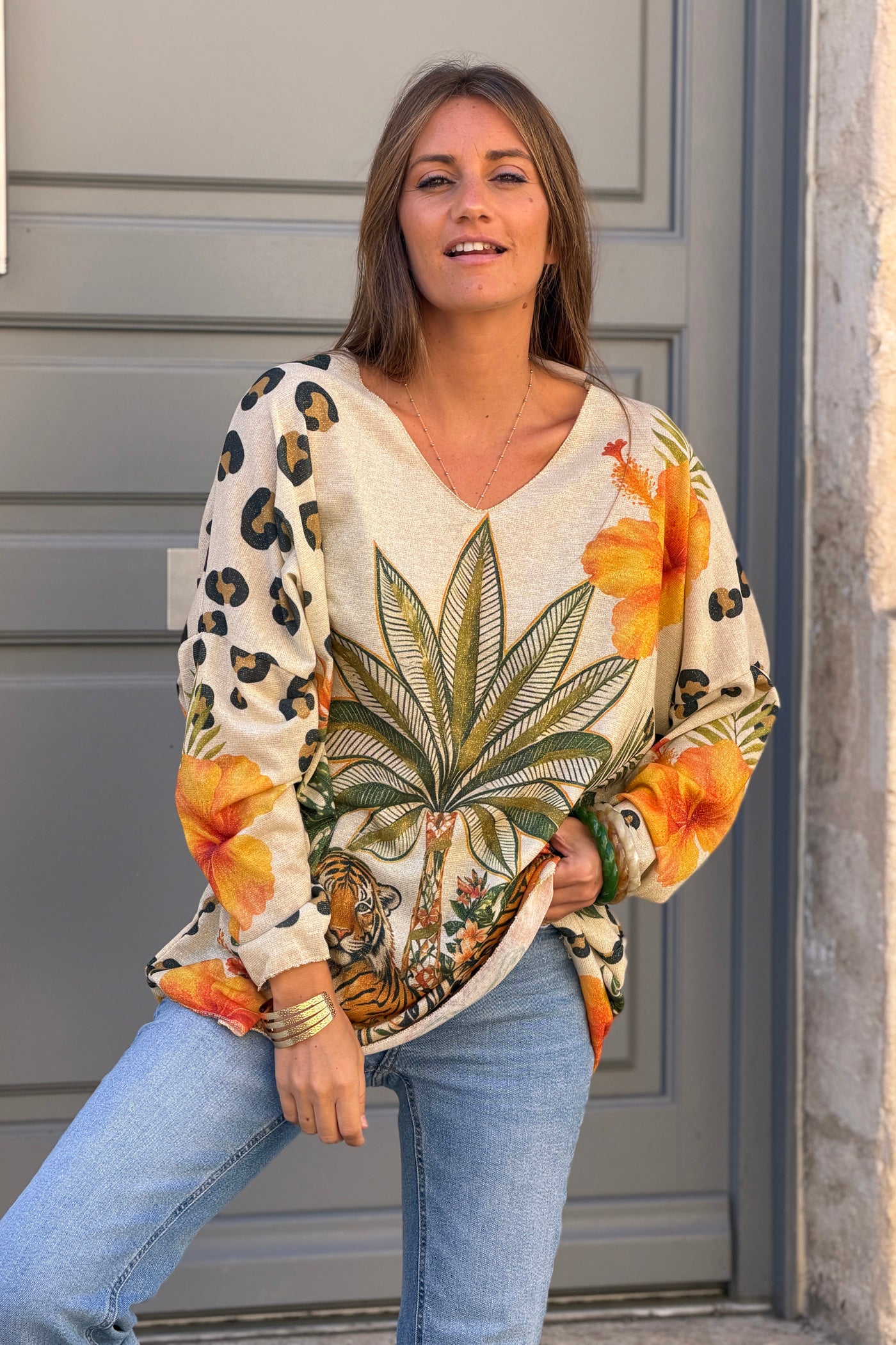 Olive Tiger Palm V-Neck Sweater
