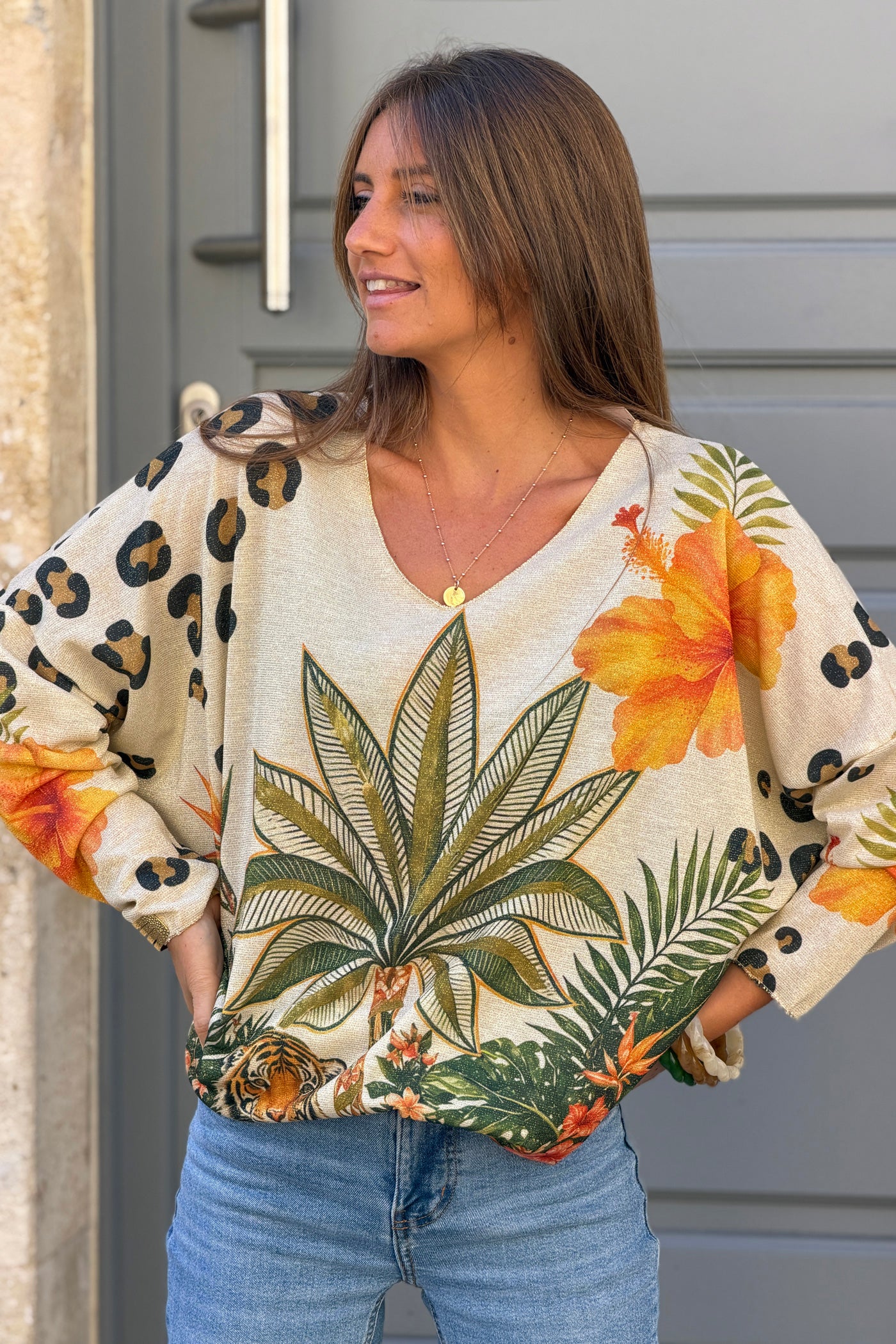 Olive Tiger Palm V-Neck Sweater
