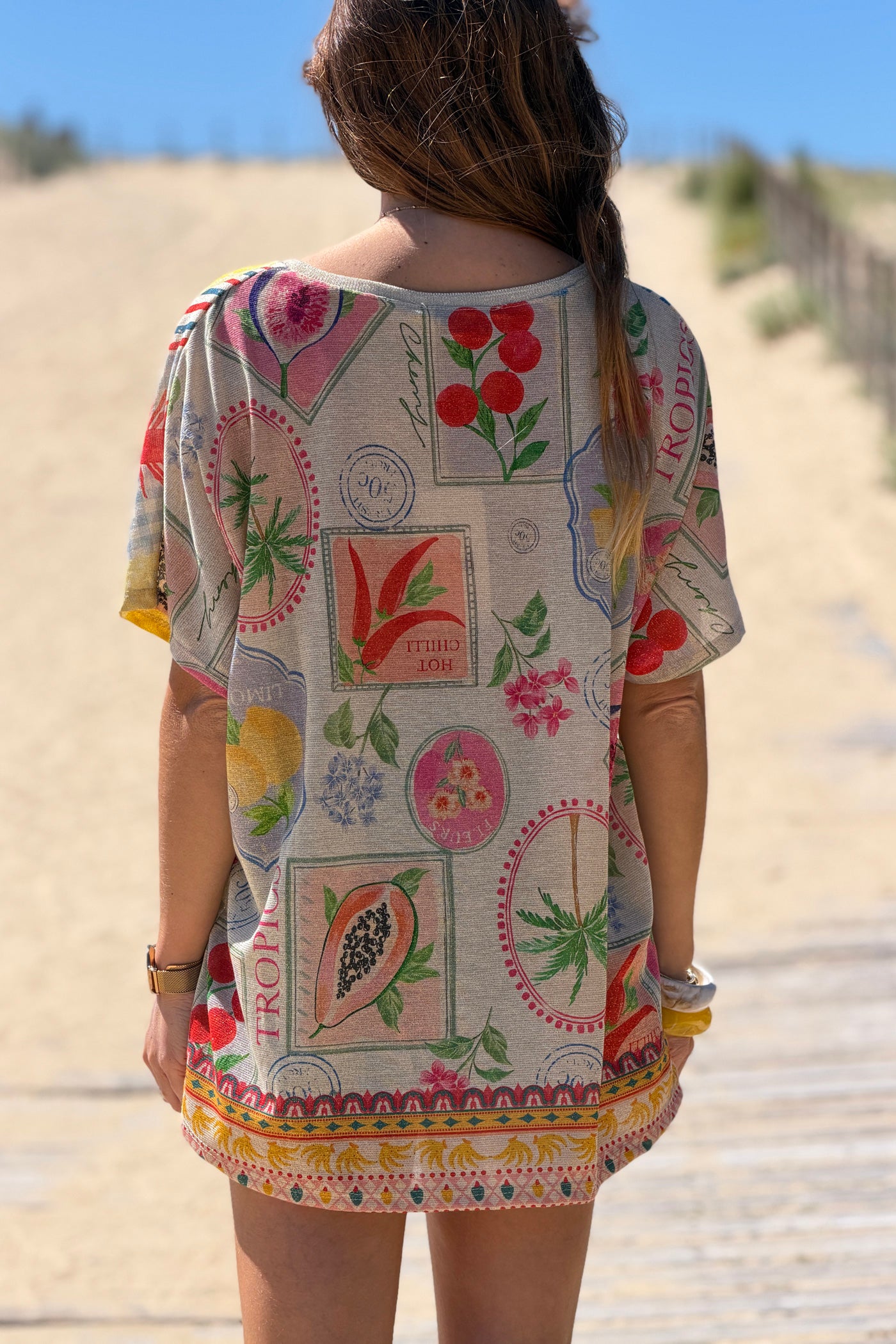 Cream Mediterranean Vintage Postcard Glitter Knit Tunic 