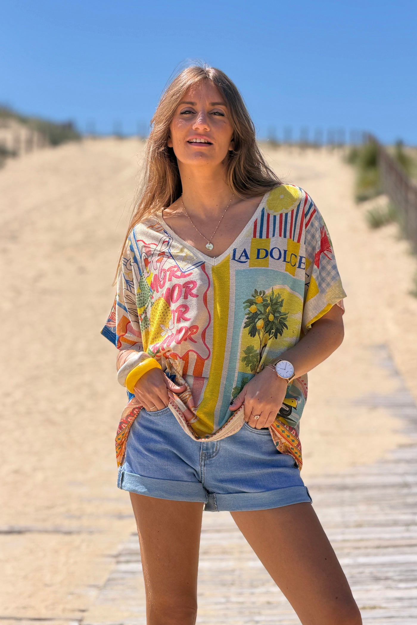 Cream Mediterranean Vintage Postcard Glitter Knit Tunic 