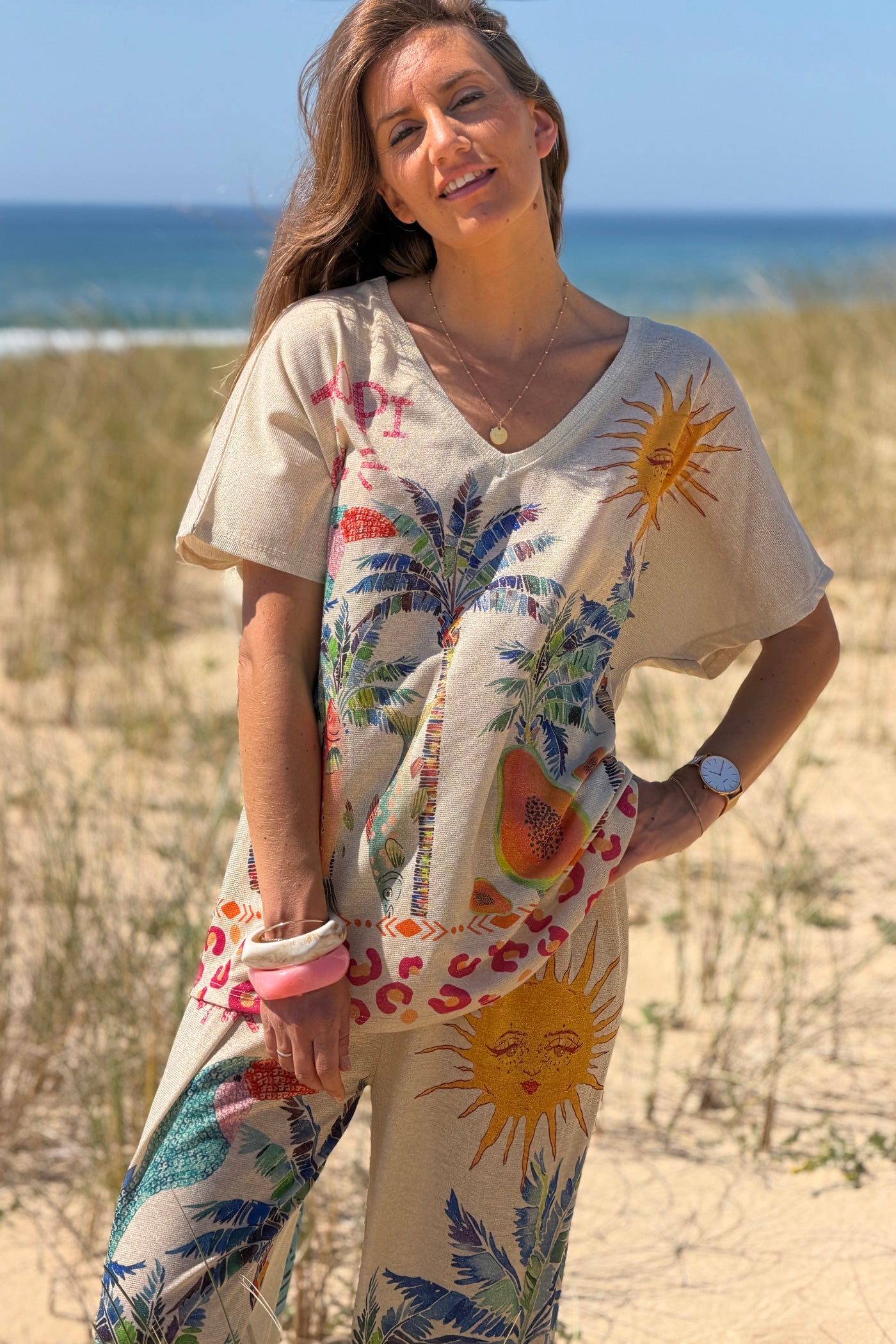 Beige Tropical Abstract Glitter Knit Tunic
